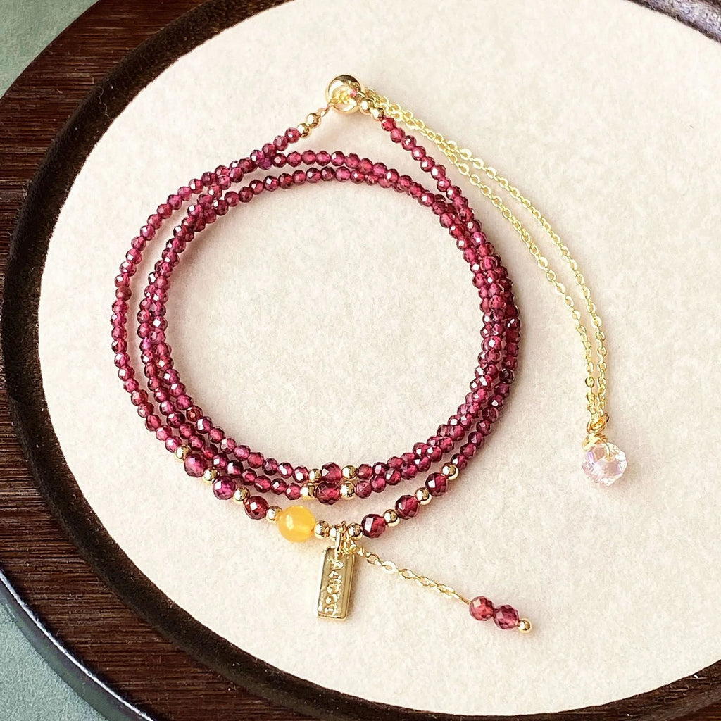 Wine red garnet bracelet necklace with beeswax cut surface texture on 2.5mm beads