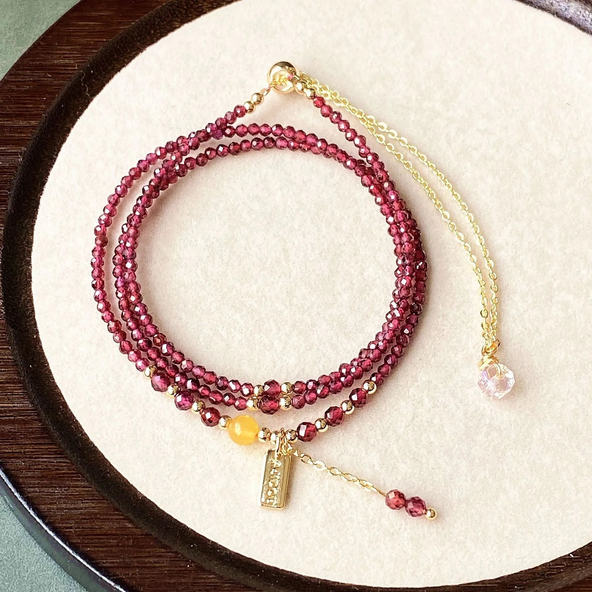 Wine red garnet bracelet necklace with beeswax cut surface texture on 2.5mm beads