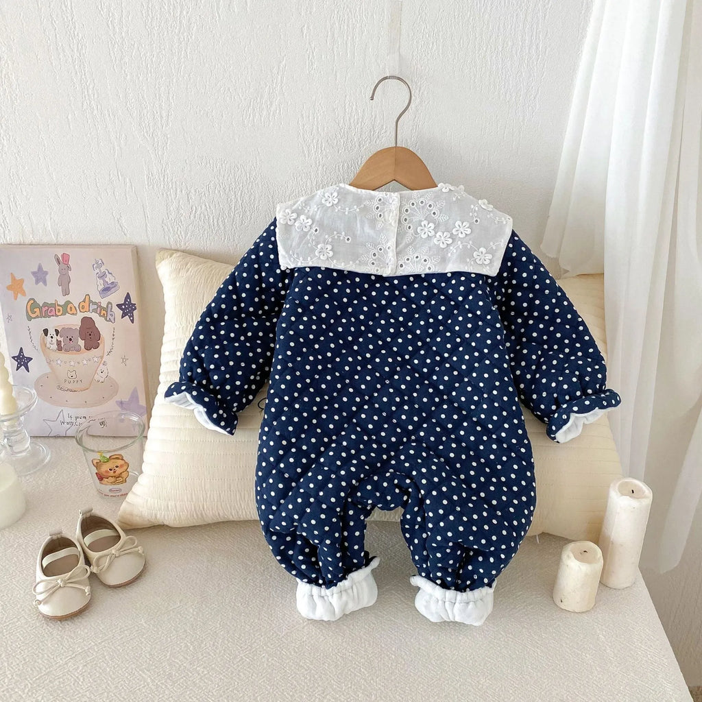 Baby girls winter cotton-padded fleece-lined onesie in dark blue on white background