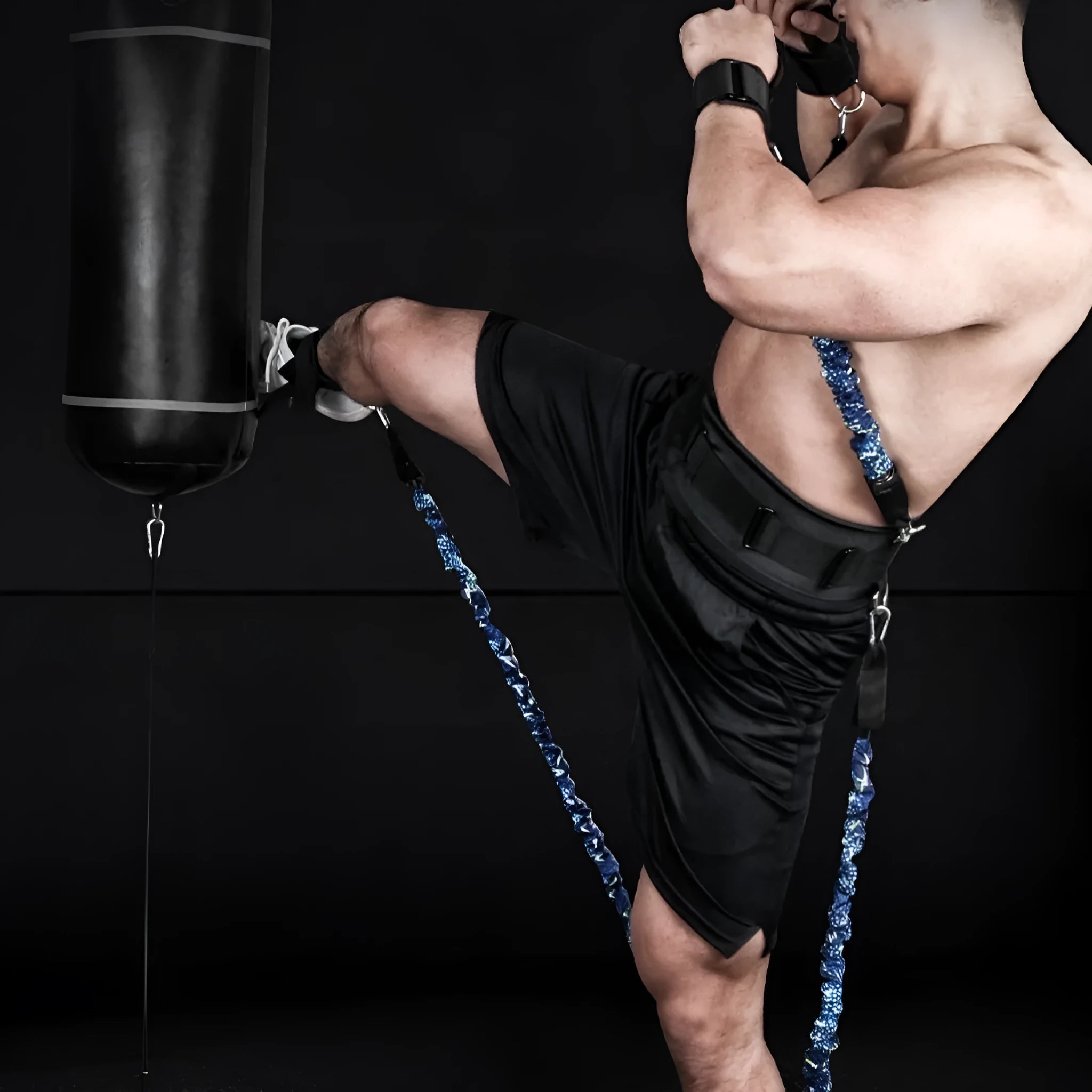 Fitness chest expander elastic belt with colour-coded sleeves indicating 100-300 pound resistance options