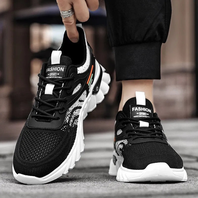 Men's black and white blue platform casual sports shoes with mesh upper and cross shoulder straps