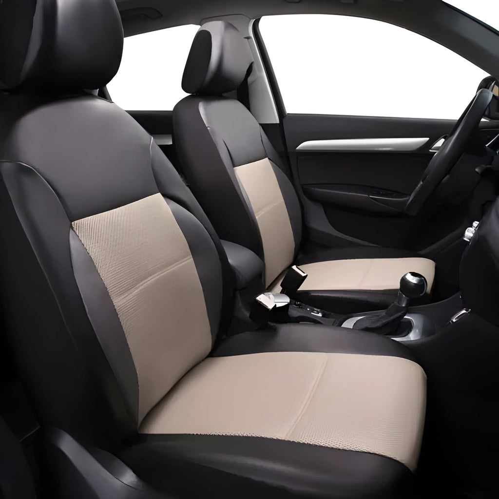 Artificial leather car seat cover set showing front seat, headrest, and rear seat components in grey.