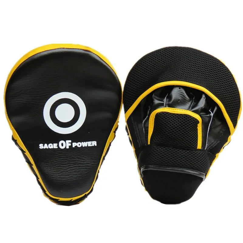 Red and black martial arts hand target kick pad for boxing and taekwondo training drills.