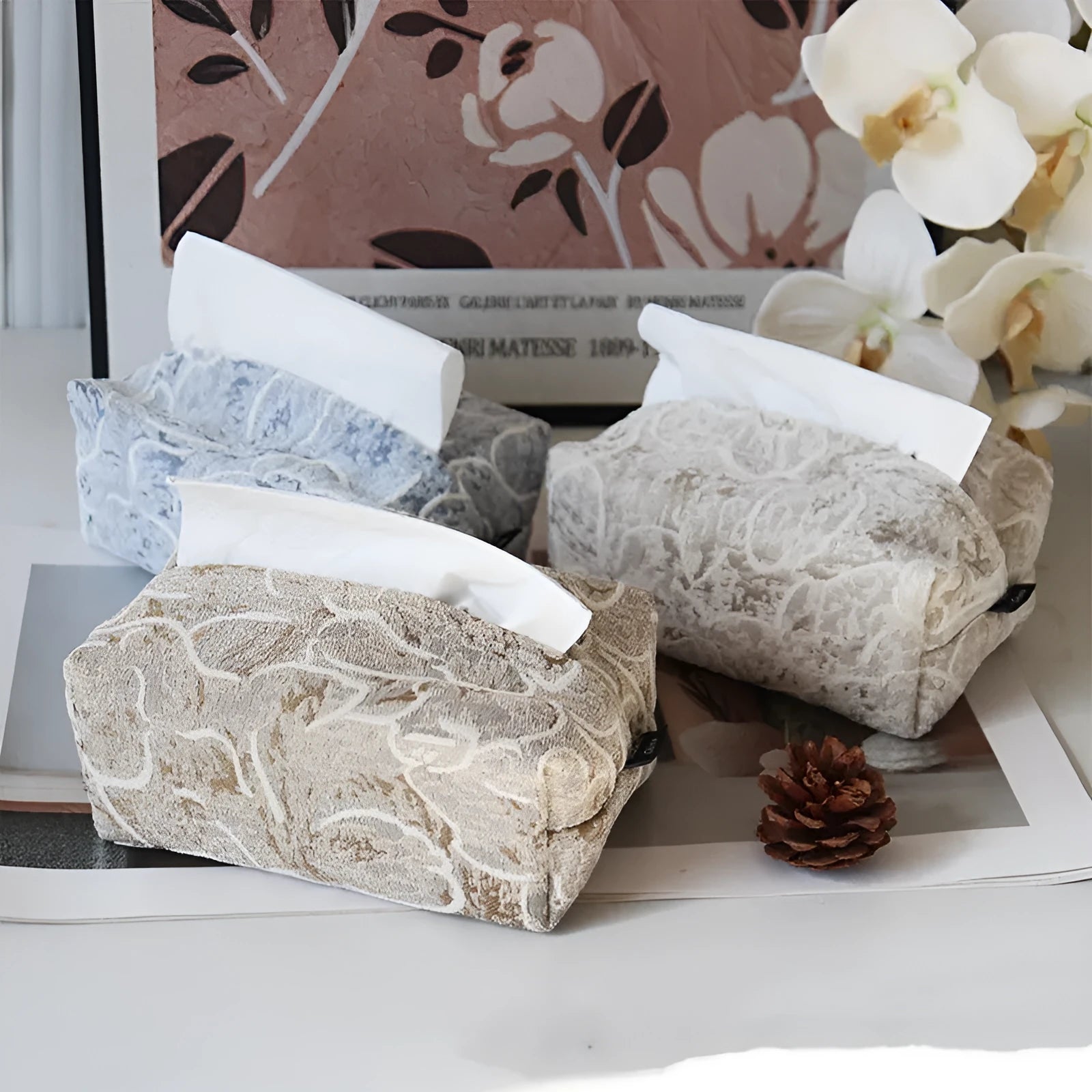 Chinese pastoral style cotton fabric tissue box with rose pattern and drawer in beige, blue, and brown.