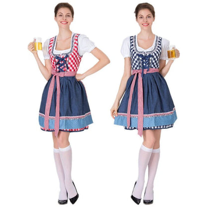 Bavarian Traditional Beer Dress in red, featuring a top, skirt, and apron, made from a cotton-polyester blend.