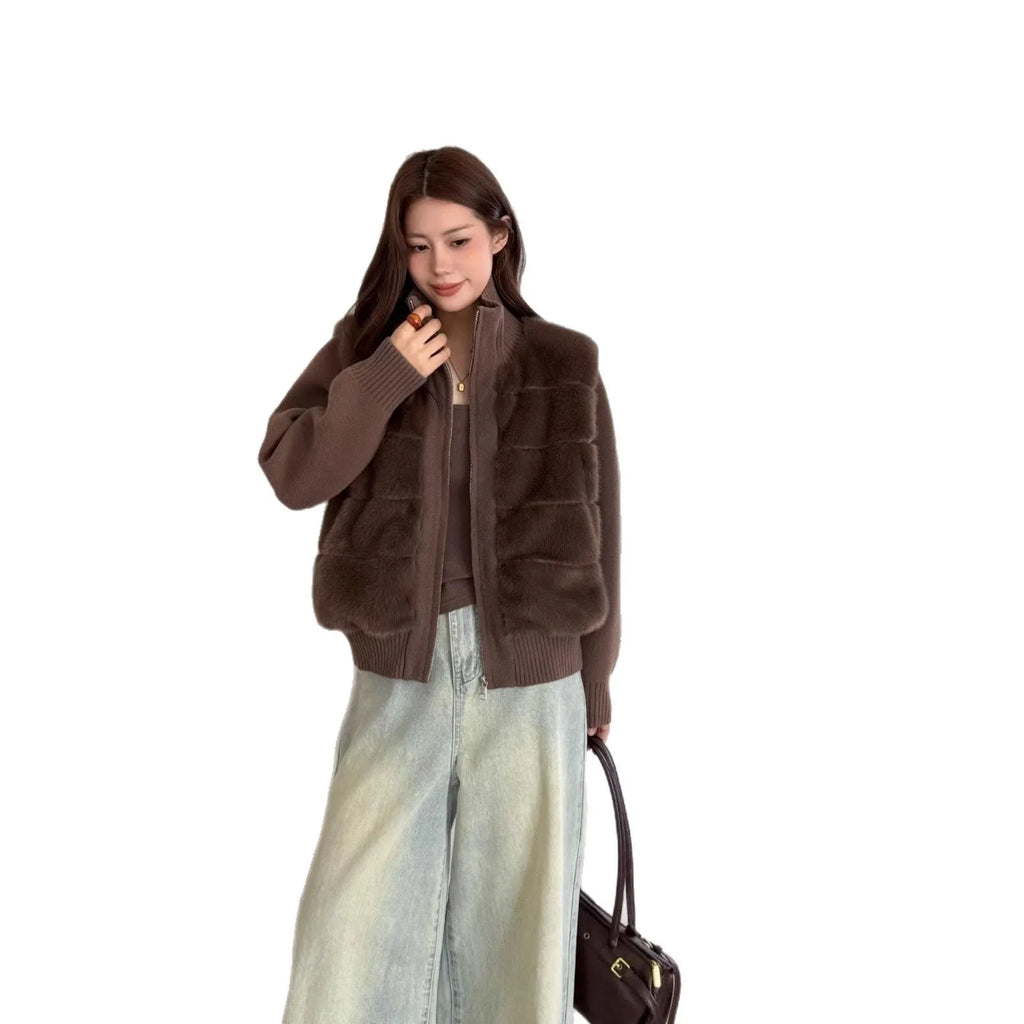 Women's loose faux mink velvet cardigan coat in solid colour-blocked design, long sleeves, regular length, coffee colour