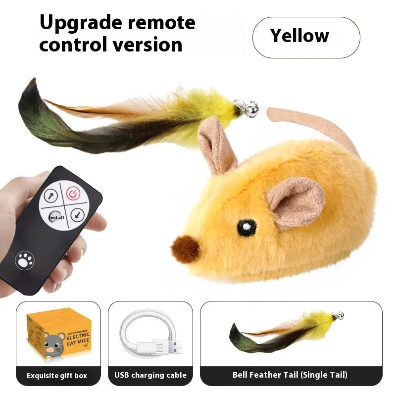 Grey electronic cat toy mouse with feather tail decoration and charging cable