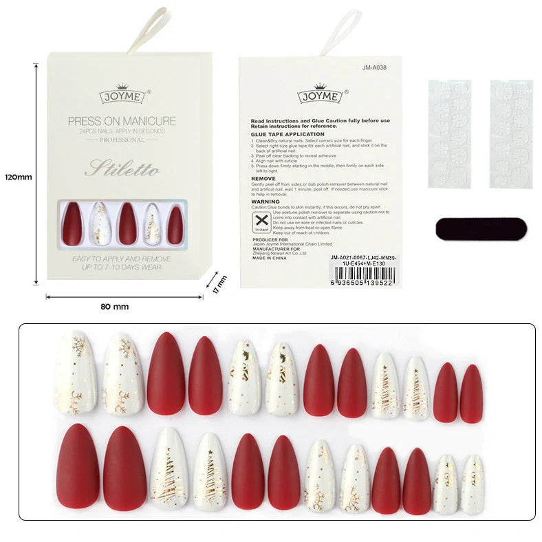 Christmas nail tips showing long, drop-shaped and almond shapes with bronzing and 3D finishes