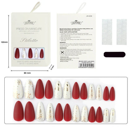Christmas nail tips showing long, drop-shaped and almond shapes with bronzing and 3D finishes
