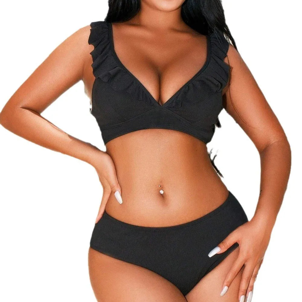 Retro style black and white striped bikini swimwear with split small chest design