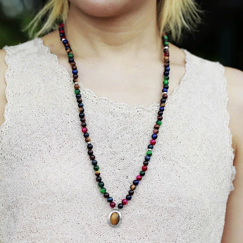 Colour tiger-eye bead necklace with crown, wing, infinite and heart pendants on adjustable chain