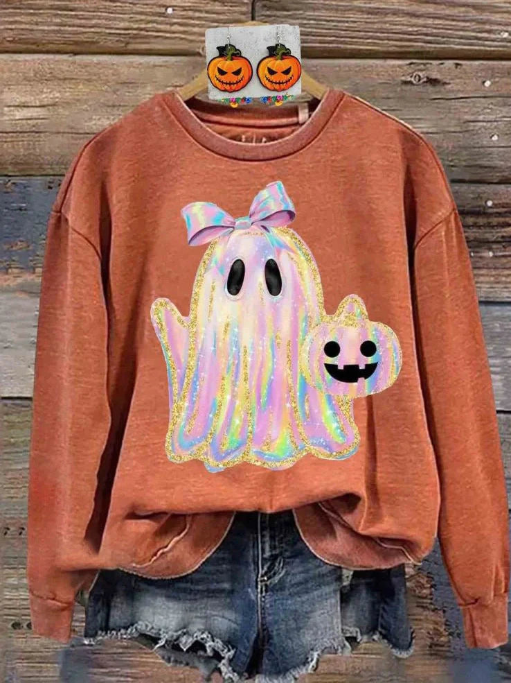 Women's grey Halloween sweatshirt with raised orange pumpkin 3D print, crew neck, long sleeves