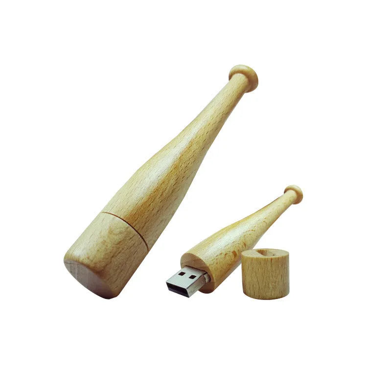 Baseball bat shaped wooden USB flash drive on a surface