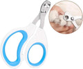 Blue pet nail clipper with circular cut hole and cushioned non-slip handle
