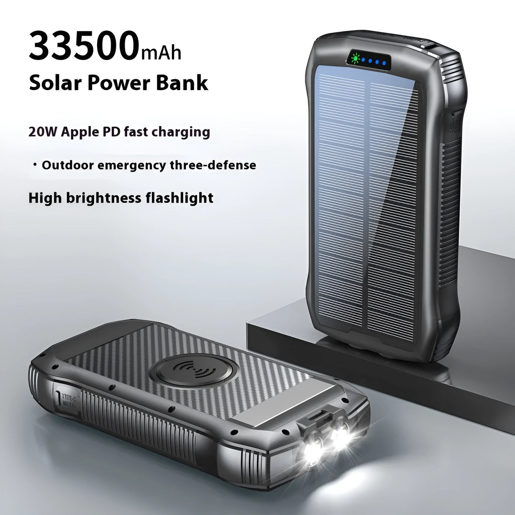 Portable 33500mAh solar power bank with waterproof plastic shell and LED light in black and orange colour