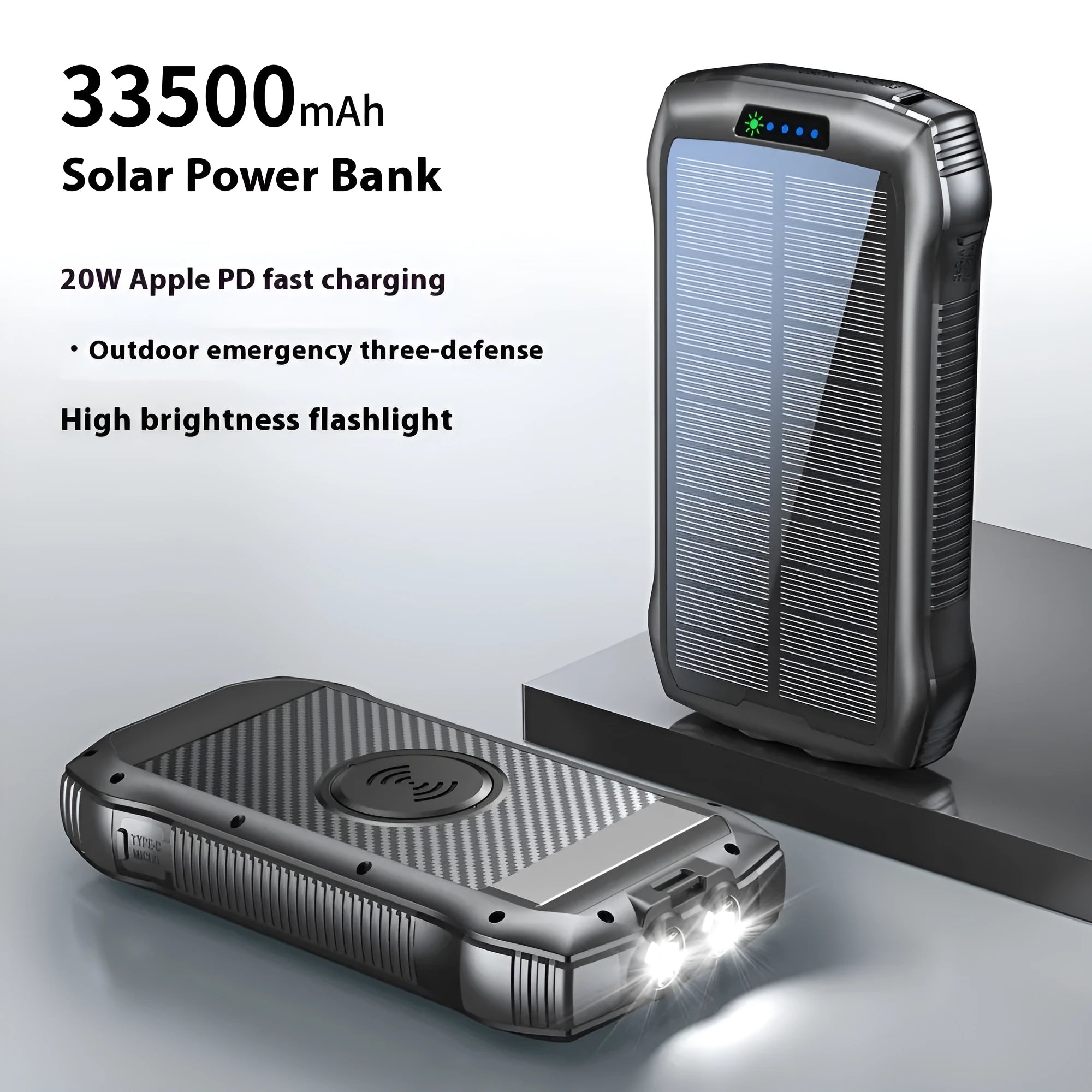 Portable 33500mAh solar power bank with waterproof plastic shell and LED light in black and orange colour