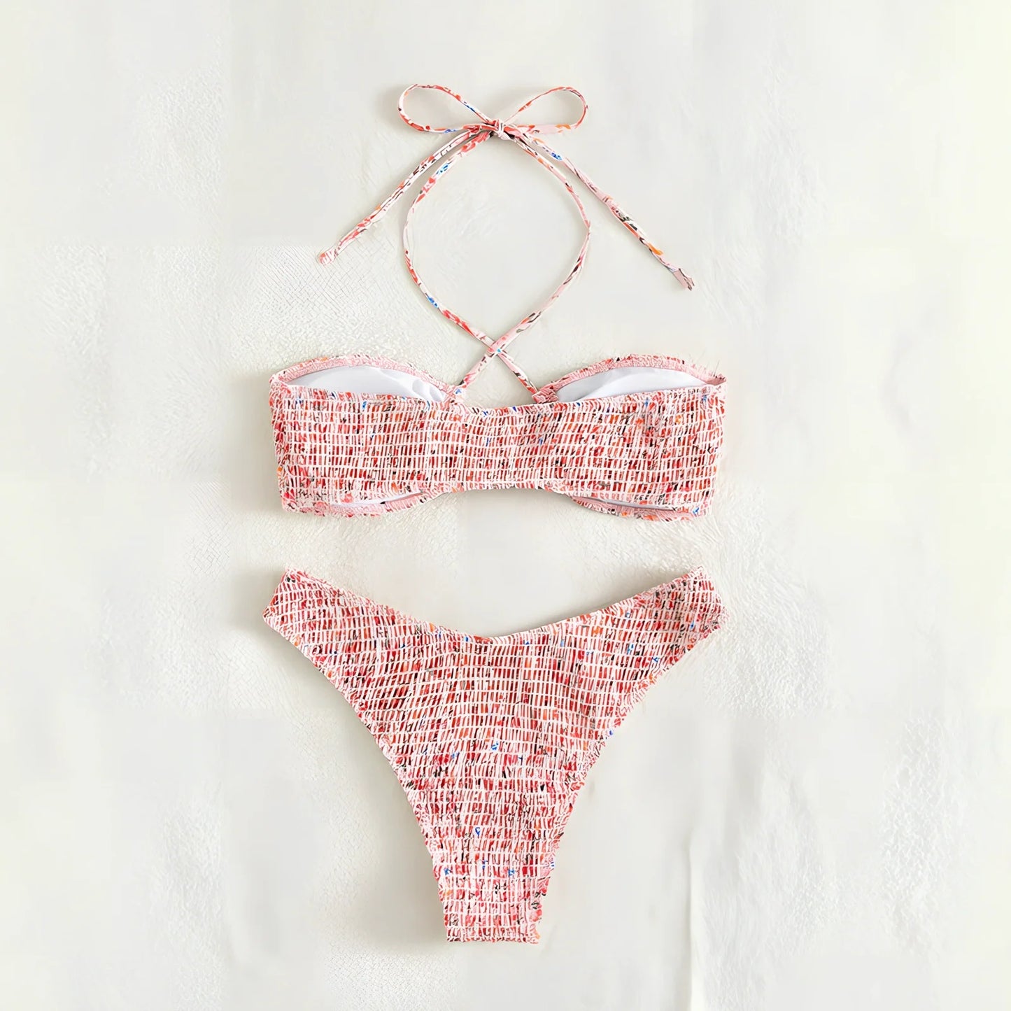 Women's summer flowers print pleated halter neck bikini set in blue or pink with Asian sizing