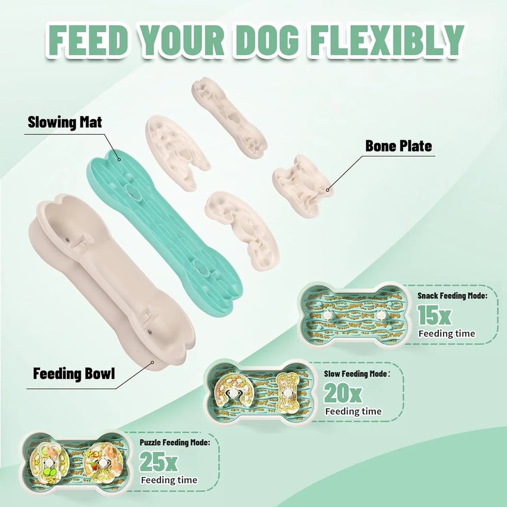 Large green slow feeder dog bowl with three rotating puzzle trays and anti-slip suction cups on base.