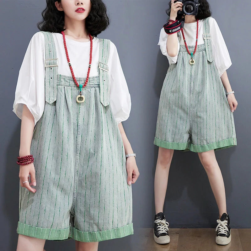 Striped denim overalls shorts with adjustable straps, high waist, and wide legs
