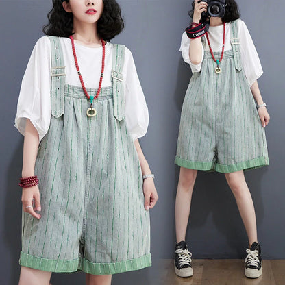 Striped denim overalls shorts with adjustable straps, high waist, and wide legs