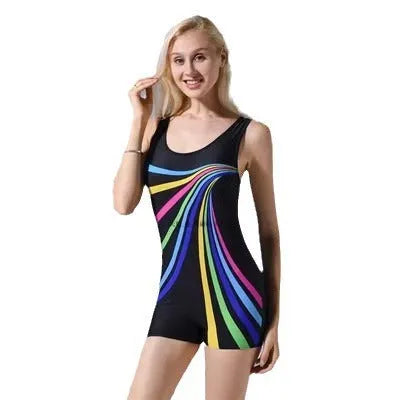 Women's black and blue one-piece swimsuit with sleeveless, conservative design on a mannequin.