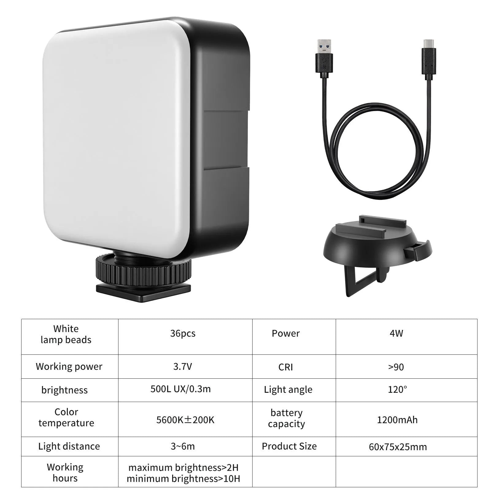 Silver 5600K LED video light cube clipped onto a laptop, with shelf and wire included