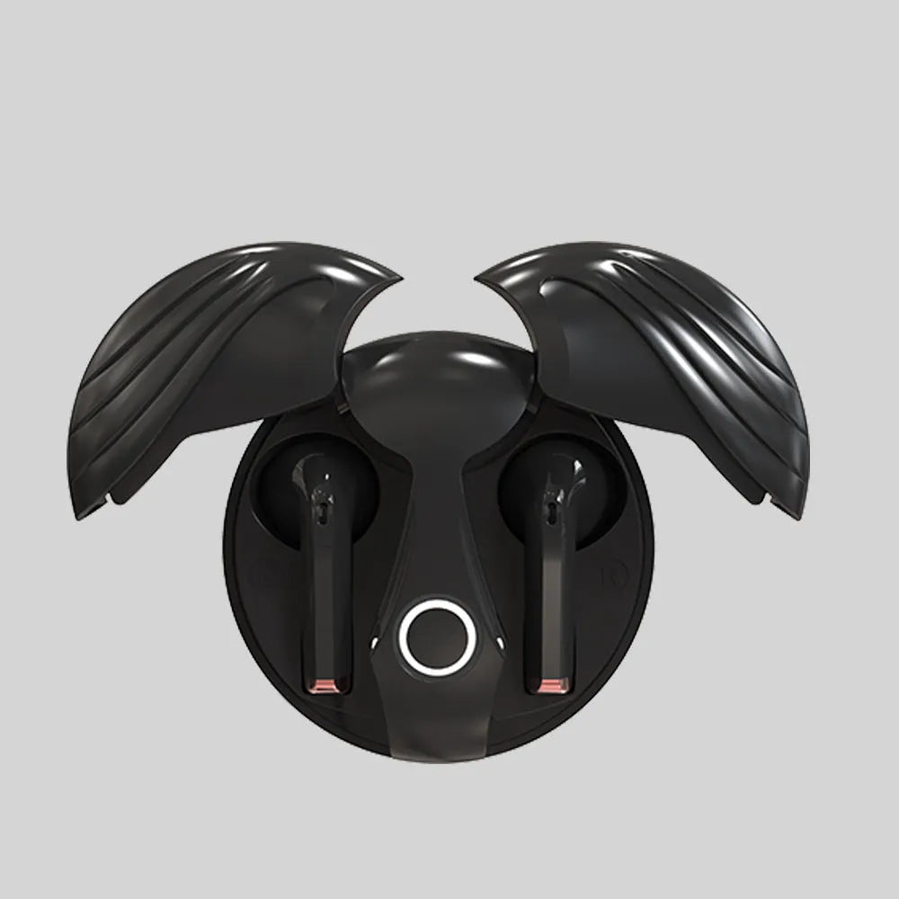 Gaming TWS earphones in Angel Wings private mold design, Black colour, with charging compartment