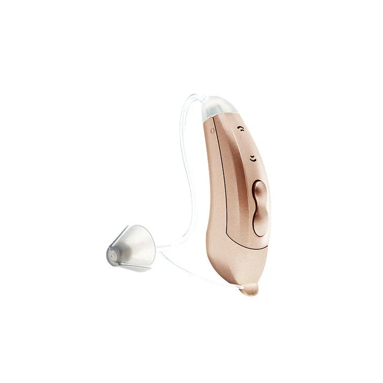 Digital sound amplifier with stealth ear back design in champagne, pearl grey, and graphite grey colour options