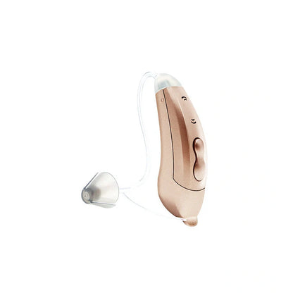 Digital sound amplifier with stealth ear back design in champagne, pearl grey, and graphite grey colour options