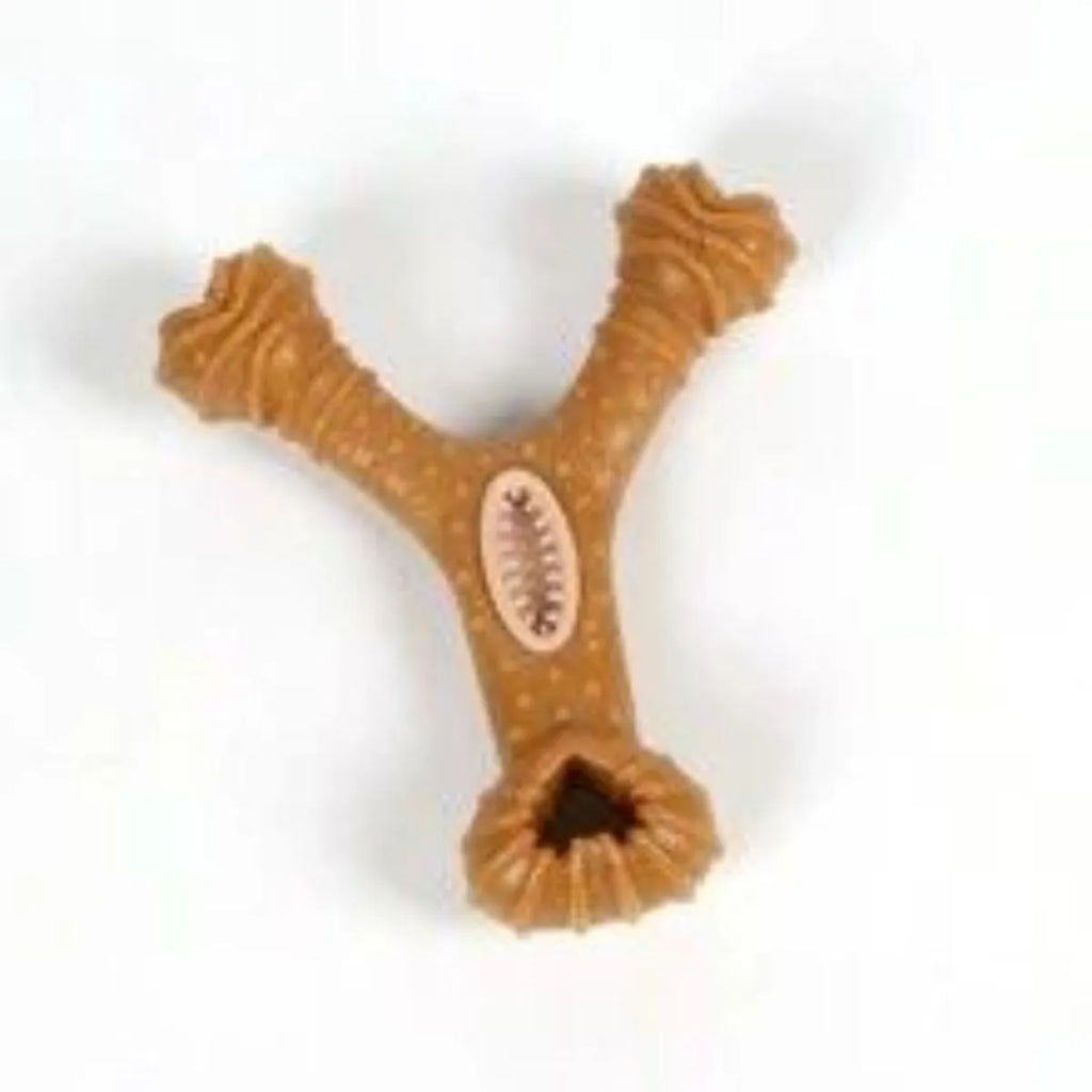 Dog chew toy bone with textured ridges for teeth cleaning in Y-shape and 8-shape designs