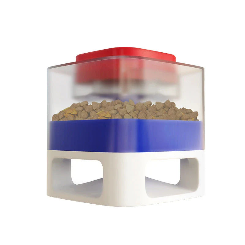 Interactive dog food feeder with anti-slip base in white and yellow