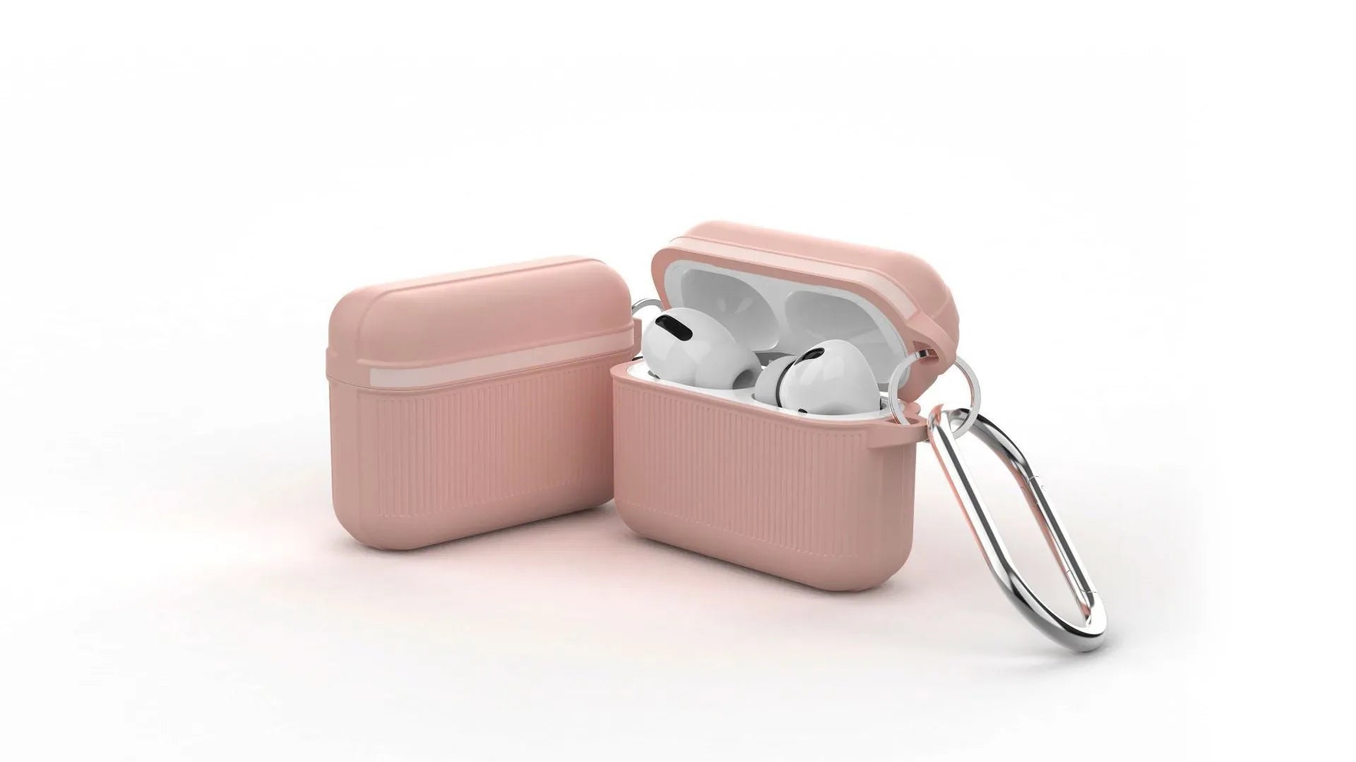 Beige silicone clamshell case for Apple AirPods with a metal buckle fastened.