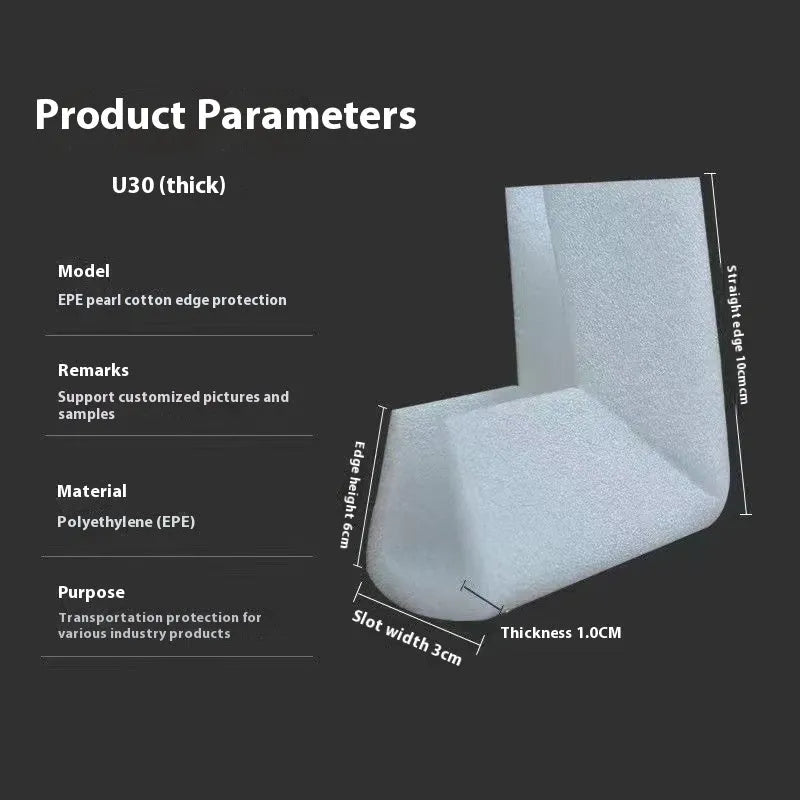 Pack of soft white EPE foam corner protectors showing the U10 style slot.