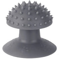 Blue cat self groomer mounted on wall with brush head and cat mint compartment