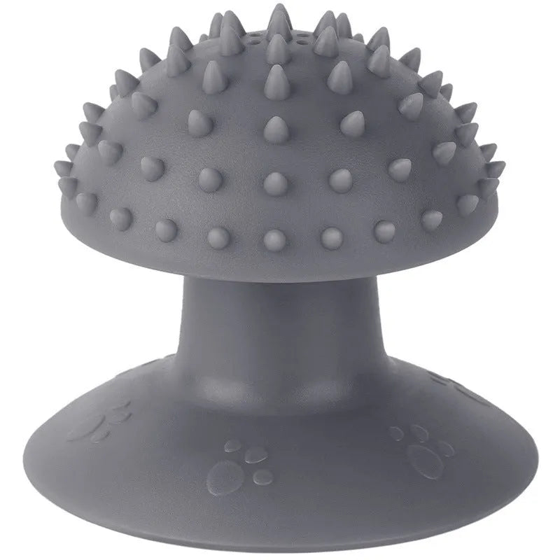Blue cat self groomer mounted on wall with brush head and cat mint compartment