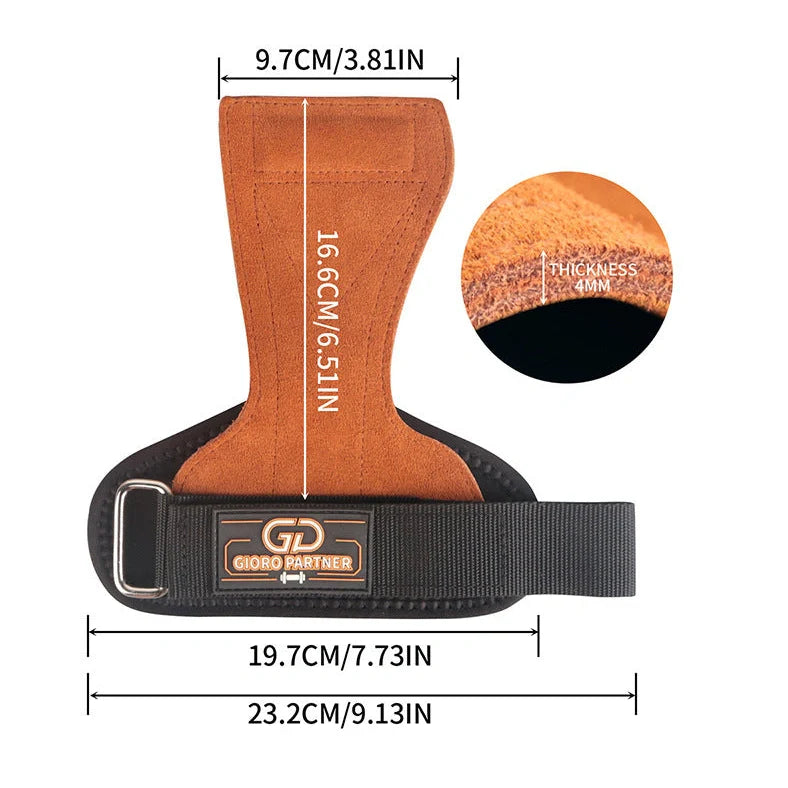 Brown-red cowhide palm protectors for weightlifting with non-slip leather surface