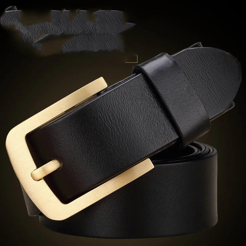 Men's leather belt with brass pin buckle in black, first layer cowhide, plain surface design