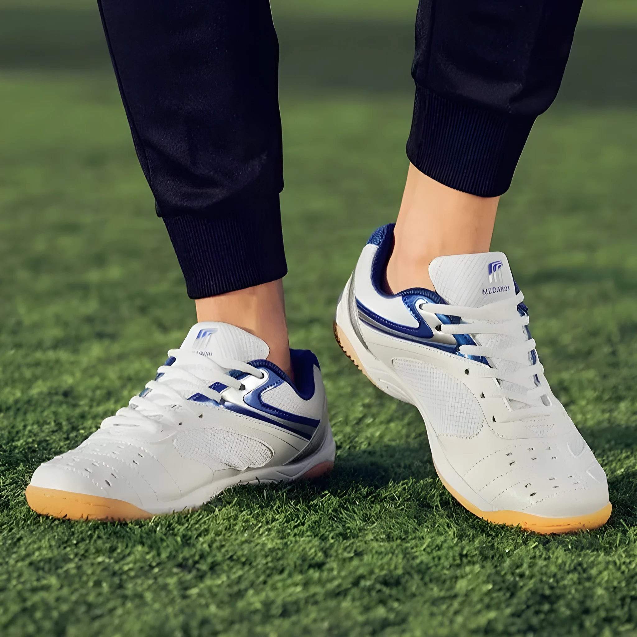 White and red mesh table tennis sneakers with rubber sole and lace-up front.