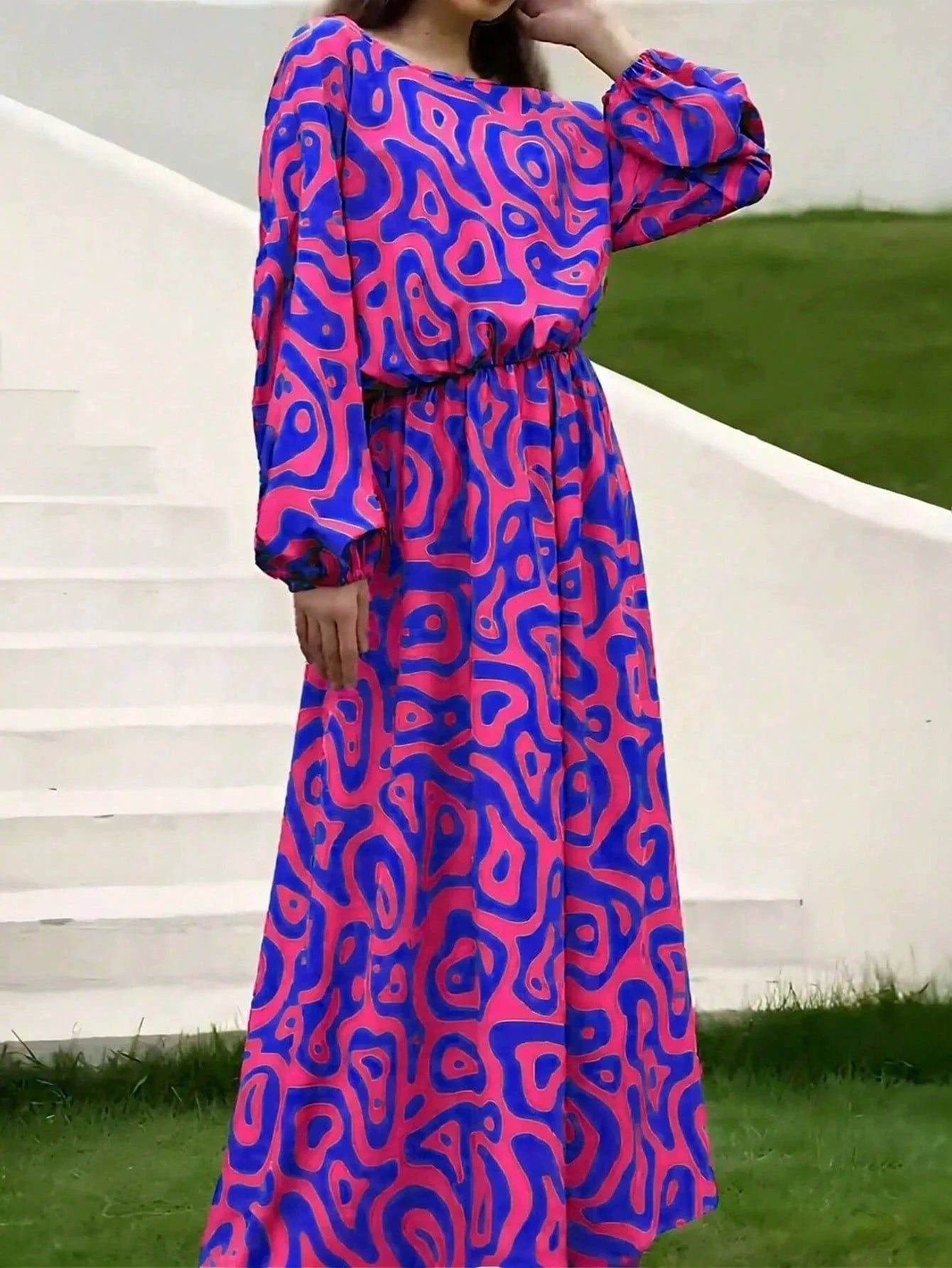 Women's loose printed long sleeve top and high waist long skirt set in various colours