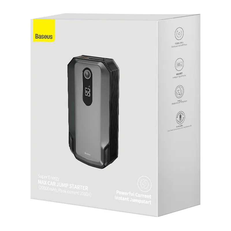 Baseus Super Energy Max black portable car jump starter with 20000mAh battery and 2000A peak current on a dark background
