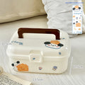 White double-layer plastic storage box with a removable central divider, shown with labelling stickers.