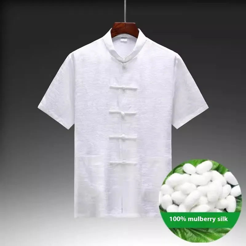 Traditional mulberry silk men's Tang suit in light green, navy, or white with mandarin collar