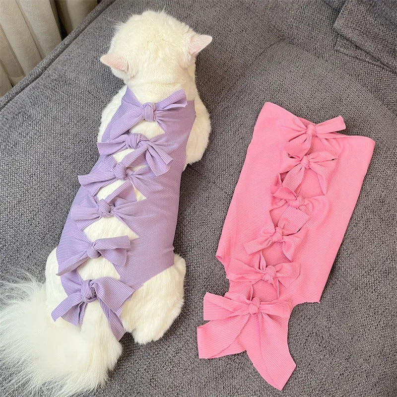 Adjustable lace-up polyester recovery suit for a cat after spaying surgery, shown in blue.