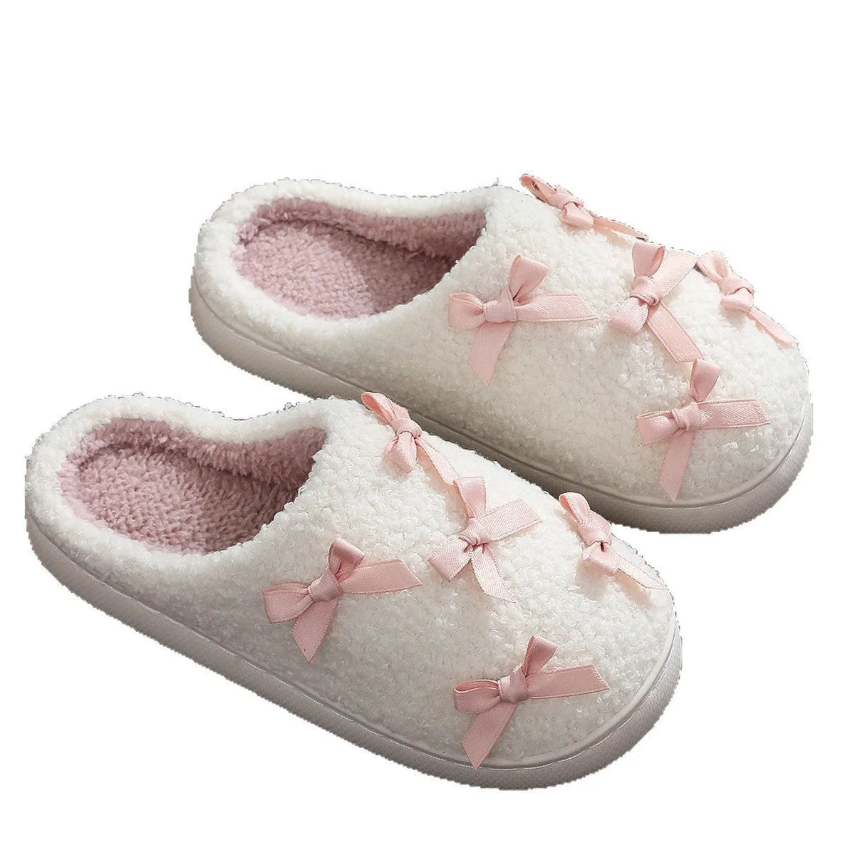 Women's cute bow slippers with thickened plush upper and artificial wool inner, in white, flat heel style