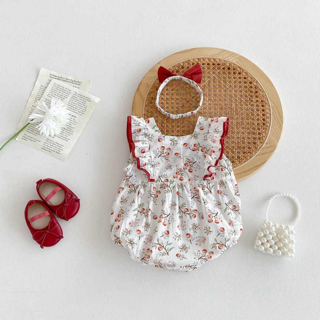 Sleeveless red pastoral style cotton baby girl jumpsuit with matching hair band