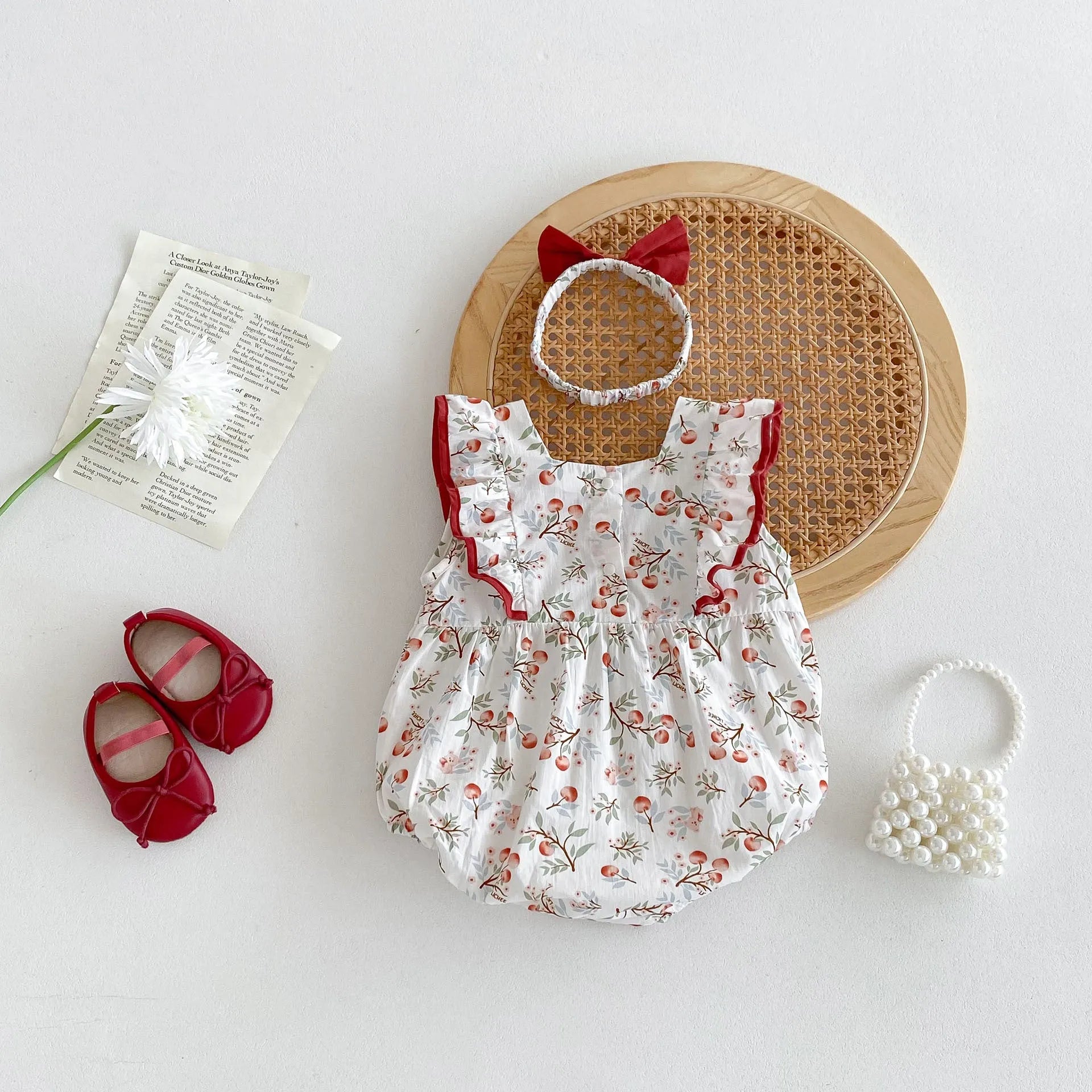 Sleeveless red pastoral style cotton baby girl jumpsuit with matching hair band