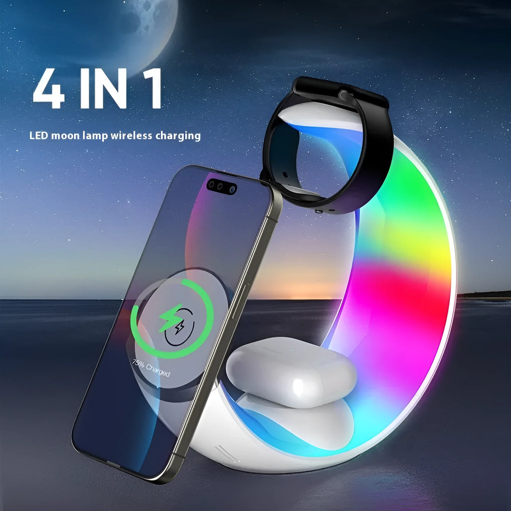 White wireless 4-in-1 ambience light charger with LED night lamp and Type-C port