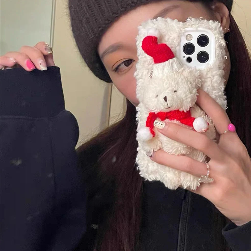 White and brown Christmas bear plush iPhone case showing TPU construction and precise cutouts