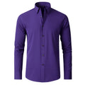 Men's solid colour slim fit polyester long sleeve business shirt in white and blue on a model