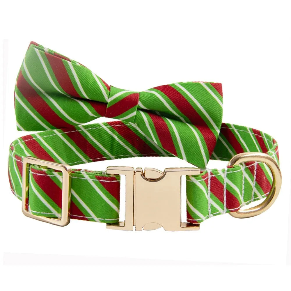 Striped green and red adjustable dog collars with a bow knot accessory on a white background.